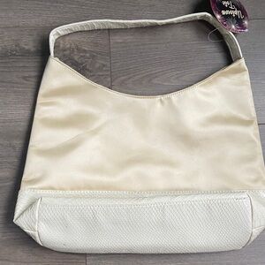 TWO TONE BEIGE CREAM SATIN SHOULDER TOTE BAG
